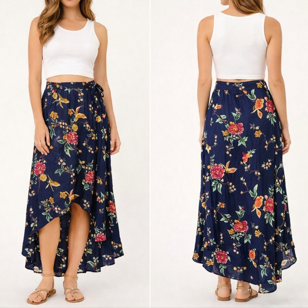Angie Floral High-Low Faux Wrap Pull-On Skirt – Size M